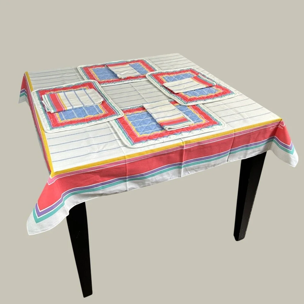Bob Van Allen 9 Piece Tablecloth Placemats Napkins Set Colorful Stripe Vintage